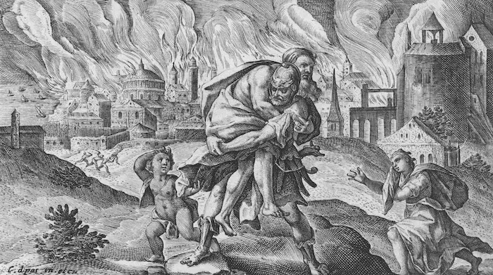 Aeneas draagt zijn vader het brandende Troje uit